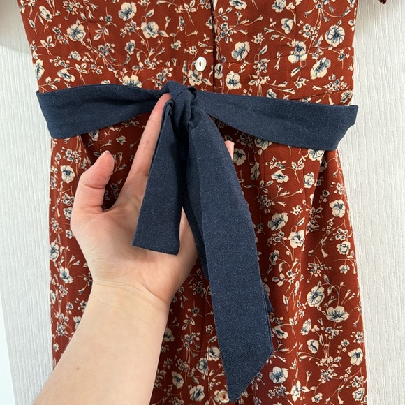 Orange with blue flower detail midi dress. - Picture 4 of 4